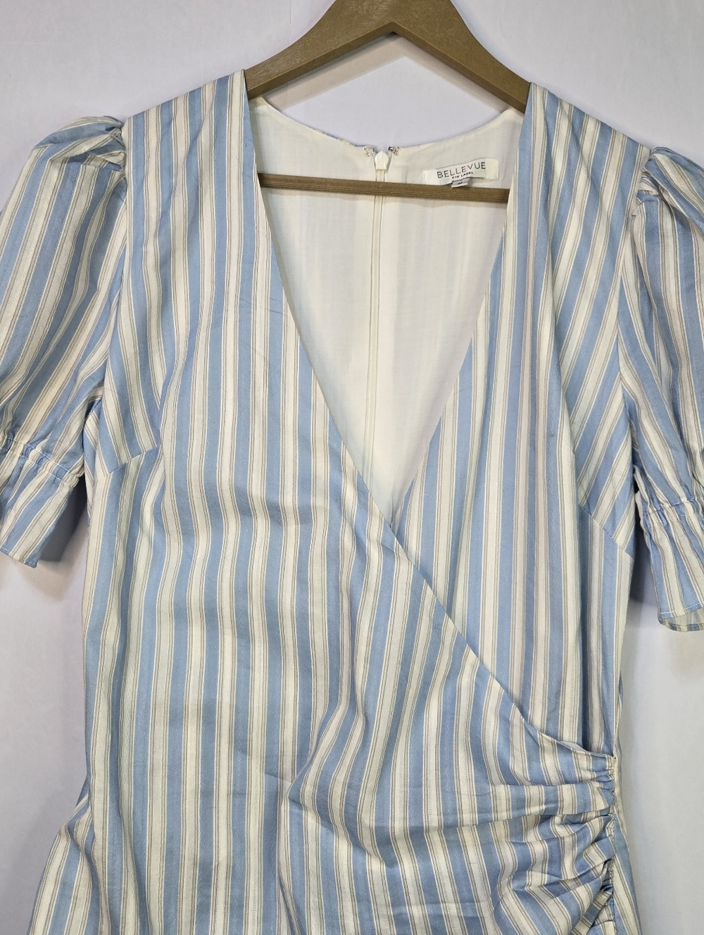 Bellevue Size M Coastal Striped Mini Dress, Wrap Bodice & Ruffle Hem - Picture 6 of 9